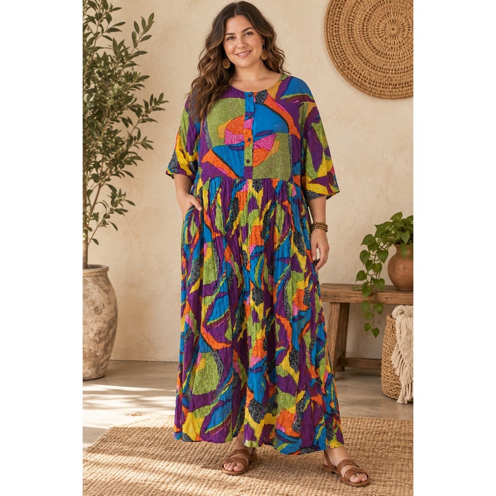 Rosey Tomato 24 / 44 Maxi Dress Abstract Multicolor Cotton Rayon 90s Boho Art